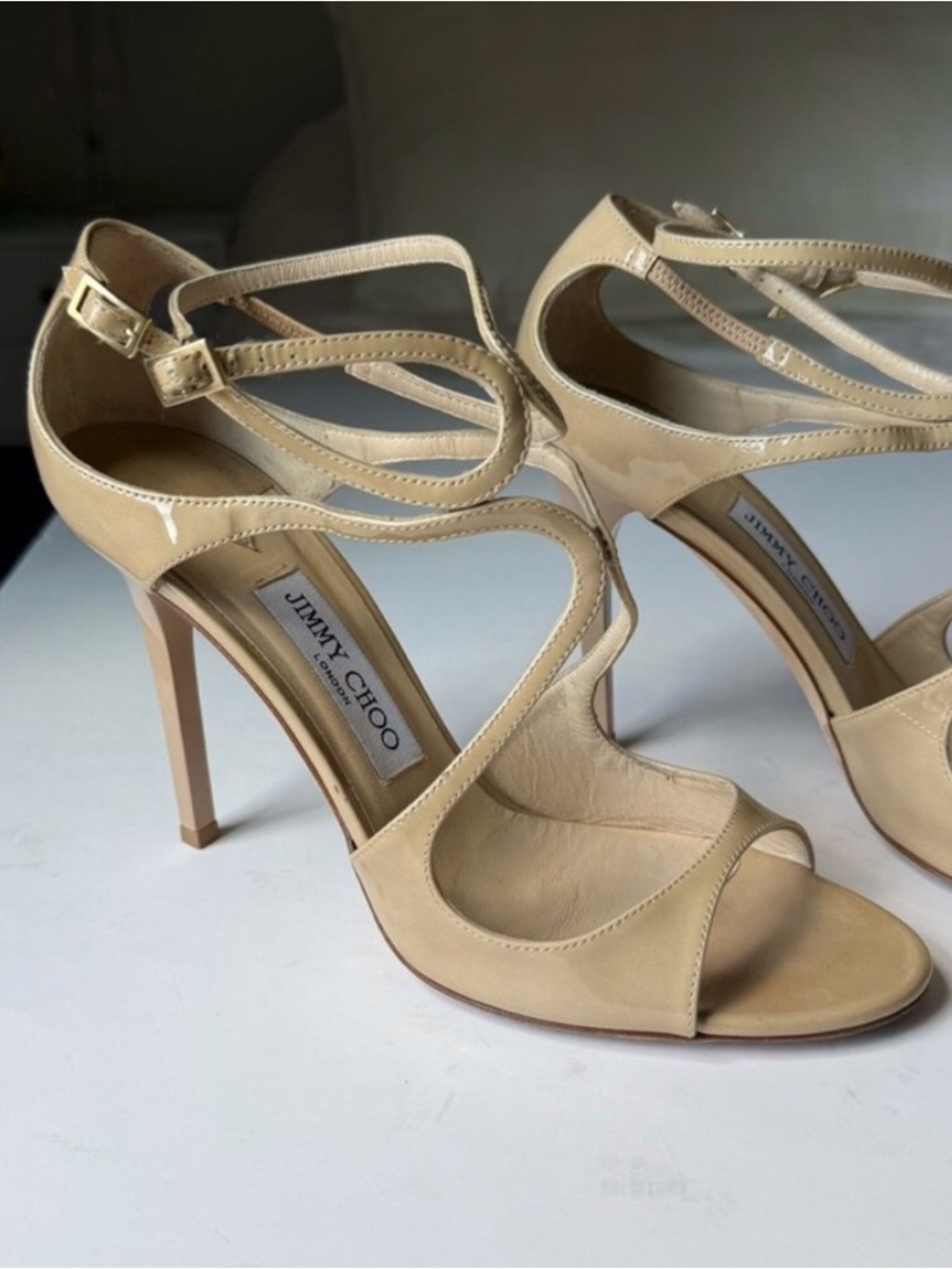 Jimmy Choo Azia Nude Patent Stiletto Heels with Ankle Strap